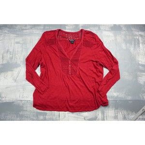 Lucky Brand blouse womens 3XL red crochet long sleeve button v neck boho cotton